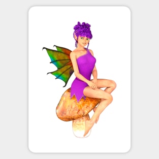 Smiling fairy faerie elf in pink sitting on toadstool, with purple hair - I believe in fairies Sticker